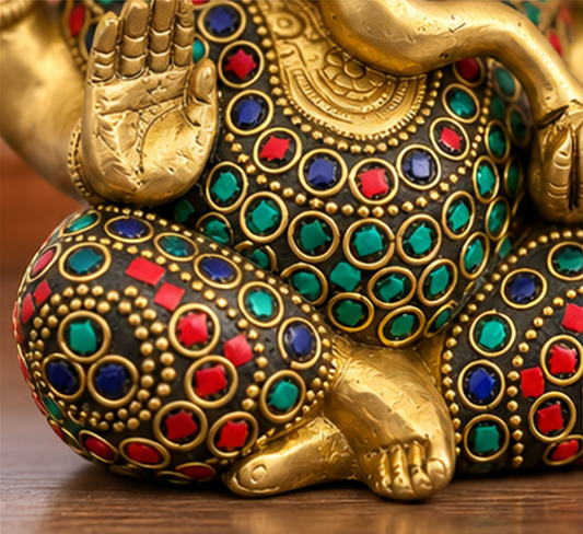 Brass Ganesha statue with colored stone decoration, 13.5cm height, 1600 gram weight