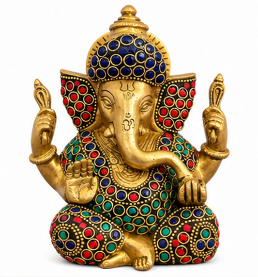 Brass Ganesha statue with colored stone decoration, 13.5cm height, 1600 gram weight